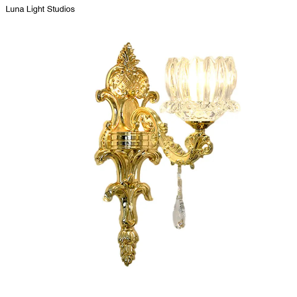 Gold Lotus Wall Mount Sconce With Clear Crystal Shade - Mid Century Light Fixture