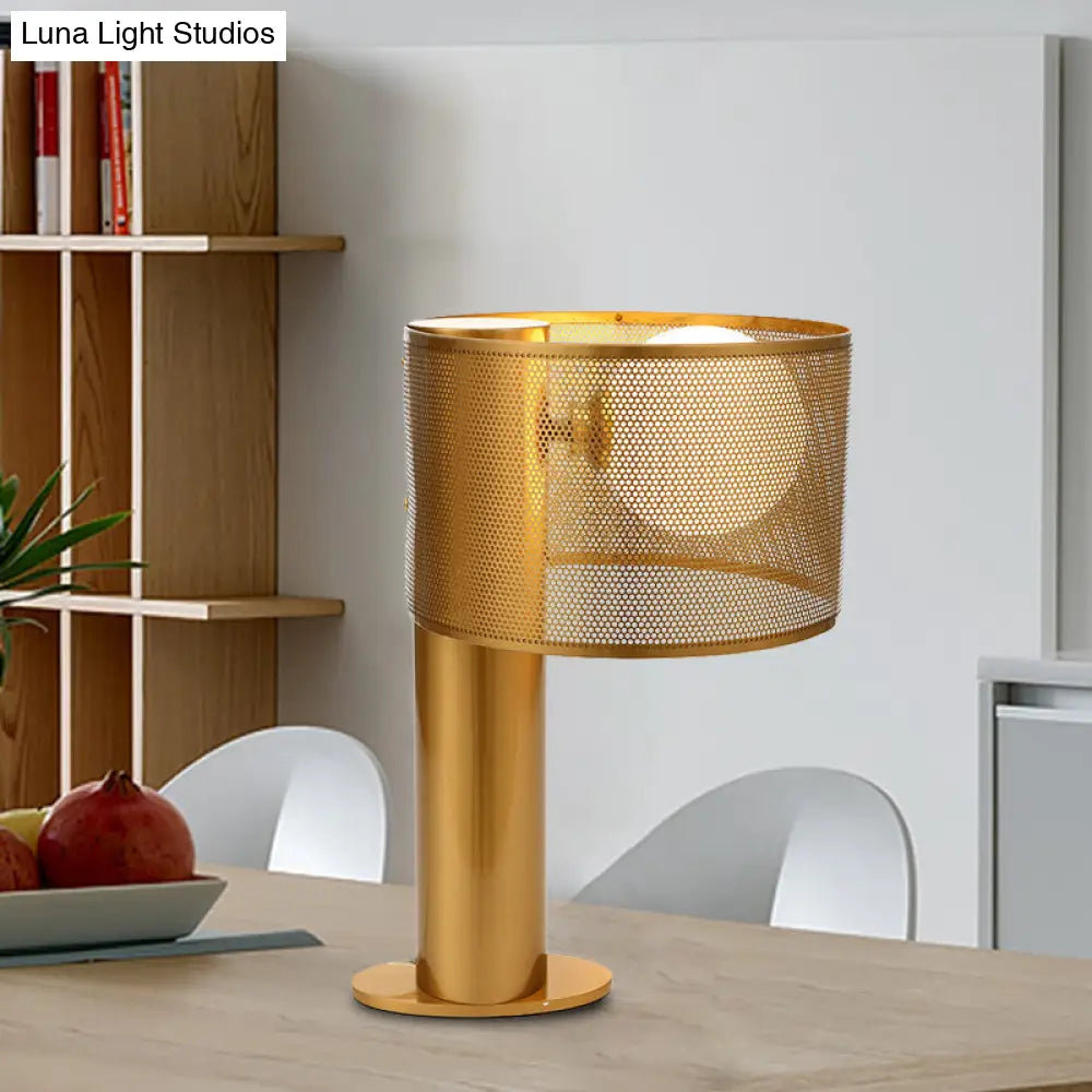 Gold Metal Drum Mesh Night Table Lamp With Opal Glass Shade
