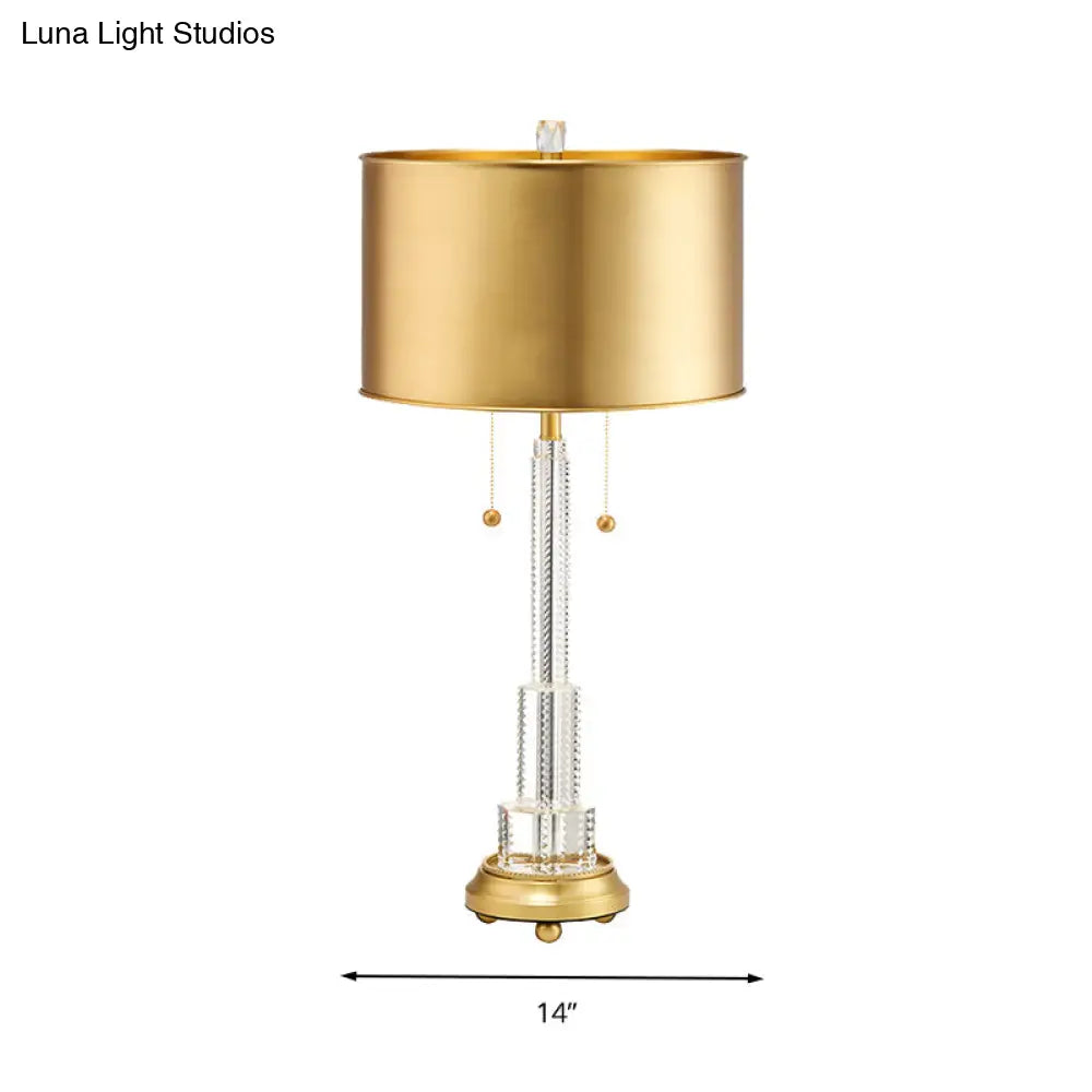 Gold Metal Drum Shade Crystal Table Lamp - Modern Single Bulb Night Light For Bedrooms