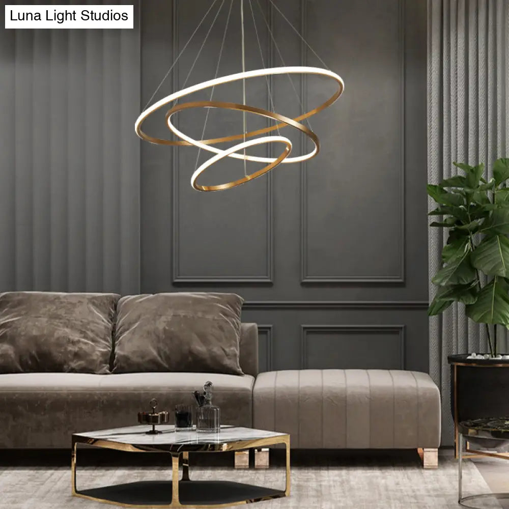 Gold Metal Led Chandelier: Modern Circular Suspension Lighting For Living Room