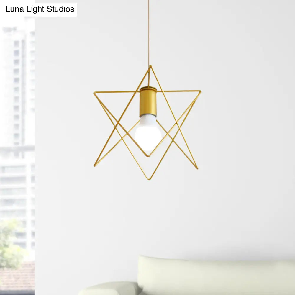 Gold Metal Pendant Light With Globe/Hexagon Cage Shade For Dining Room