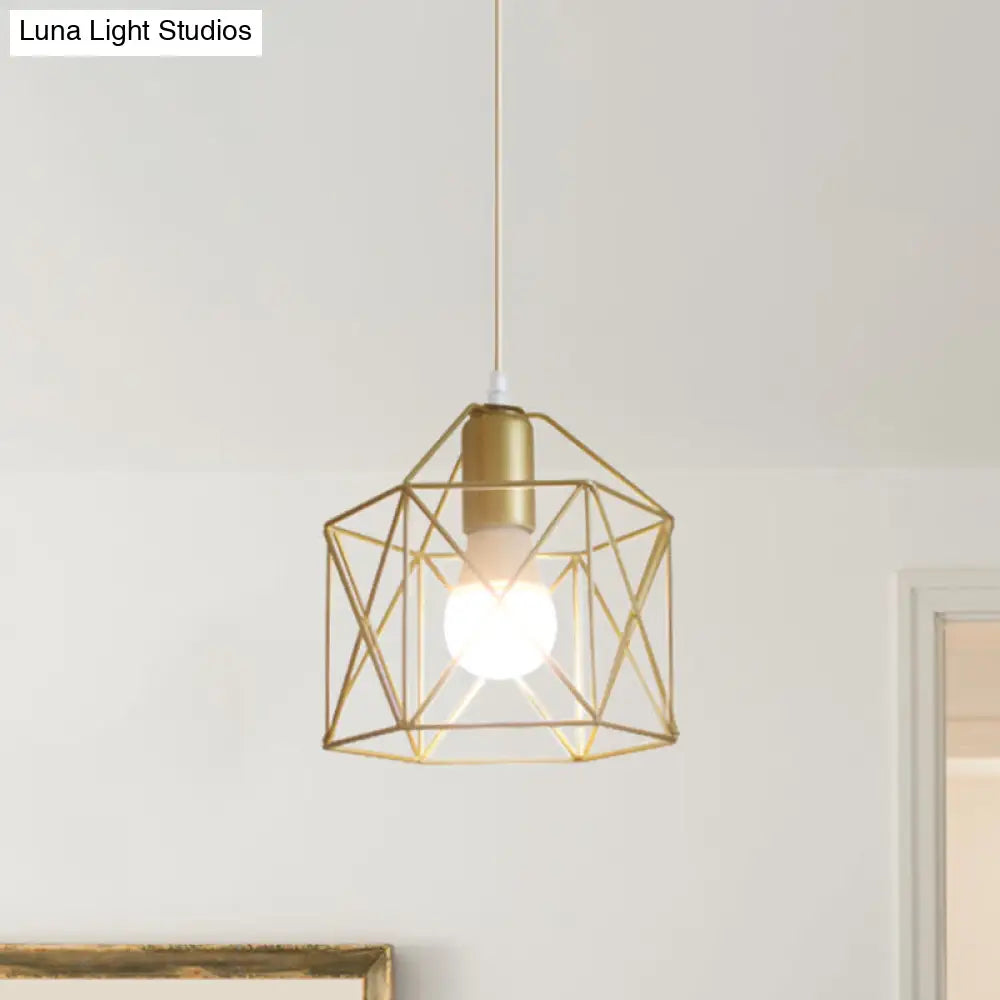 Gold Metal Pendant Light With Globe/Hexagon Cage Shade For Dining Room