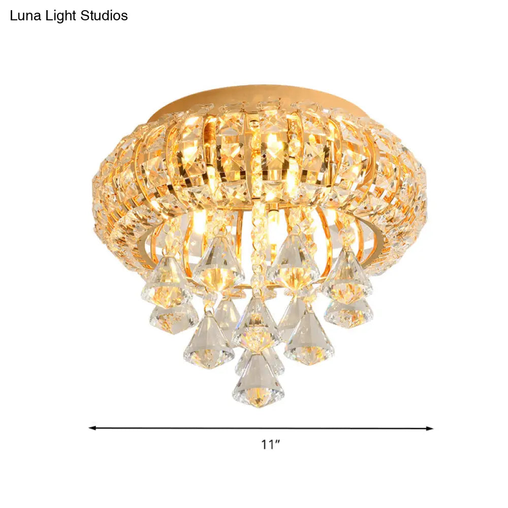 Gold Modern Round Ceiling Light With 5 Hand-Cut Crystal Heads - Flush Mount Lamp For Foyer
