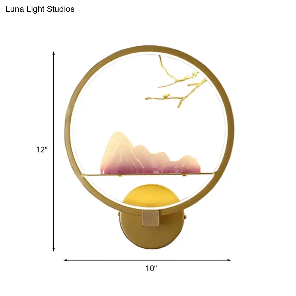 Gold Oriental Led Bedside Wall Light With Mountain And Branch Mural
