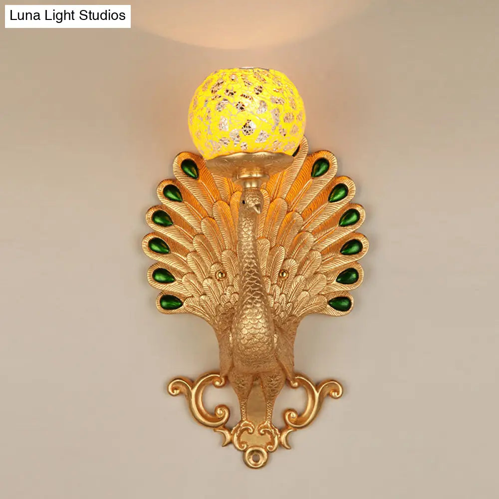 Gold Peacock Wall Lamp With Crackle Glass - Country Bubble Design