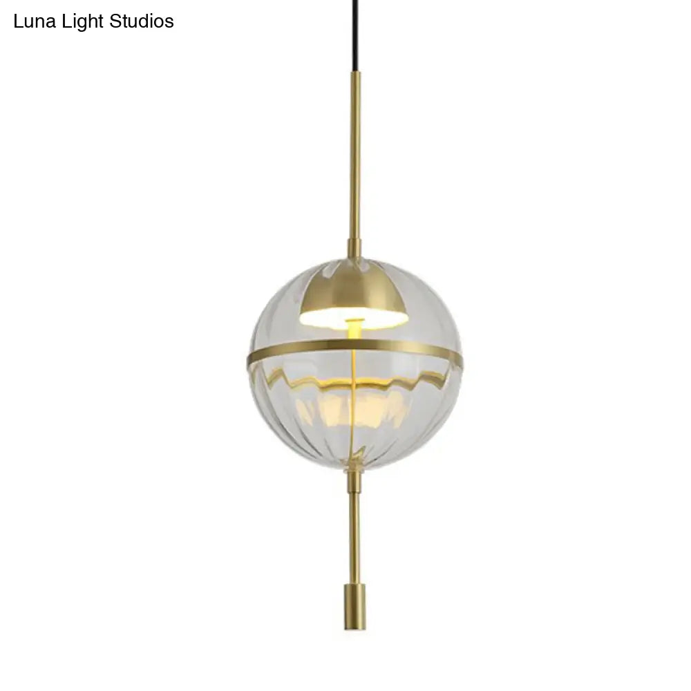 Gold Ribbed Glass Pendant Light With Spherical Design And Led - Postmodern Style