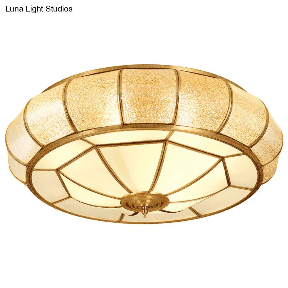 Gold Round Textured Glass Flush Ceiling Light For Traditional Bedroom – Elegant Flushmount Lighting