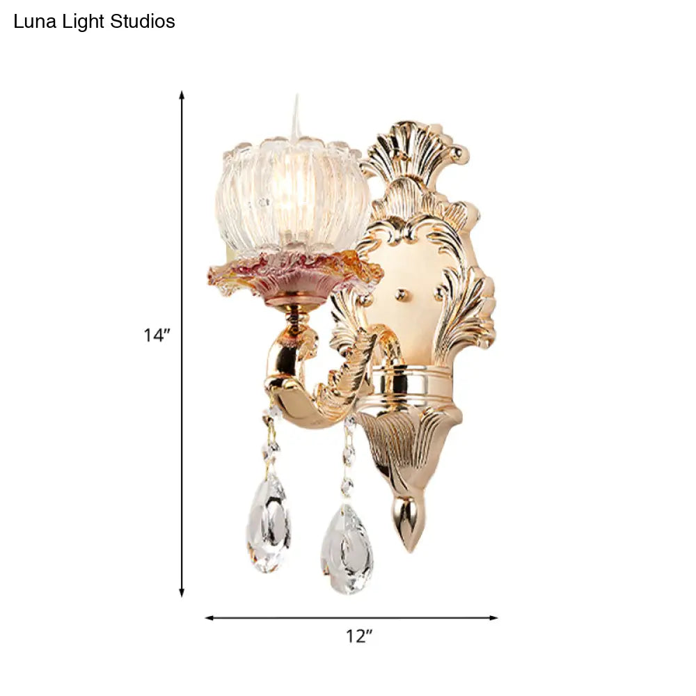 Gold Scalloped Dome Crystal Wall Sconce Light - Postmodern Bedside Accent