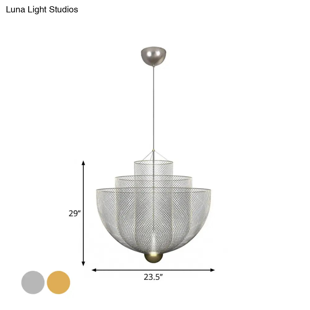 Gold/Silver Wire Mesh Chandelier Pendant Light With Led | Modern Hanging Bowl Design