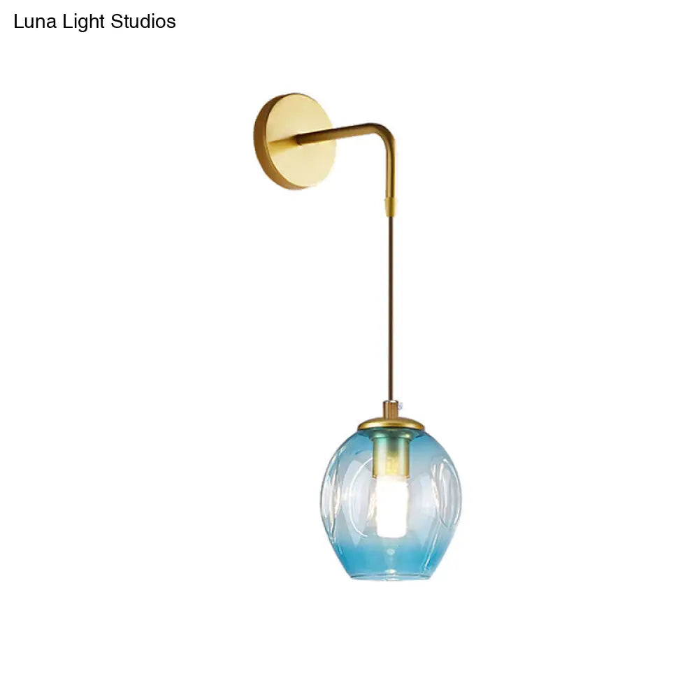 Gold Tulip Wall Lamp Sconce With Blue/Smoke Gray Dimpled Glass Shade - Modern 1 Light Hanging