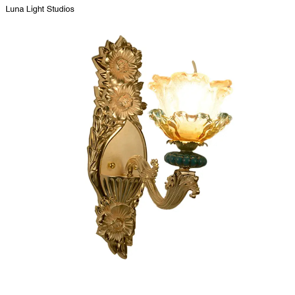 Gold Wall Lamp With Amber And Clear Glass Floral Shade - Single Light Mid-Century Sconce