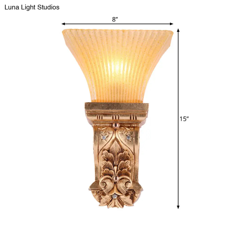 Gold Wall Mount Lamp With Amber Fluted Glass - Loft Style Trapezoid Lighting Fixture