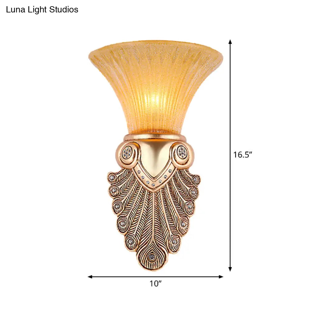 Gold Wall Sconce Lighting With Inverted Bell Opal Fluted Glass And Peacock Feather Design 10/13 Wide
