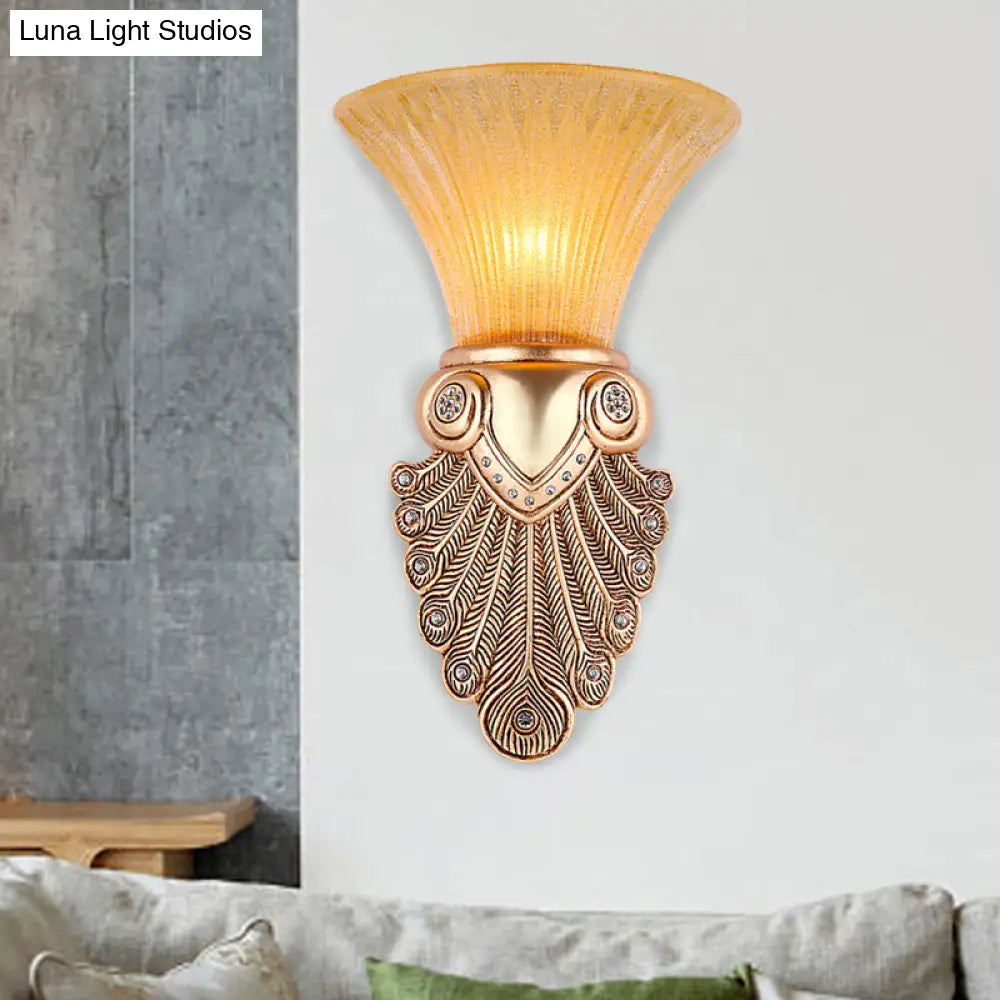 Gold Wall Sconce Lighting With Inverted Bell Opal Fluted Glass And Peacock Feather Design 10/13 Wide
