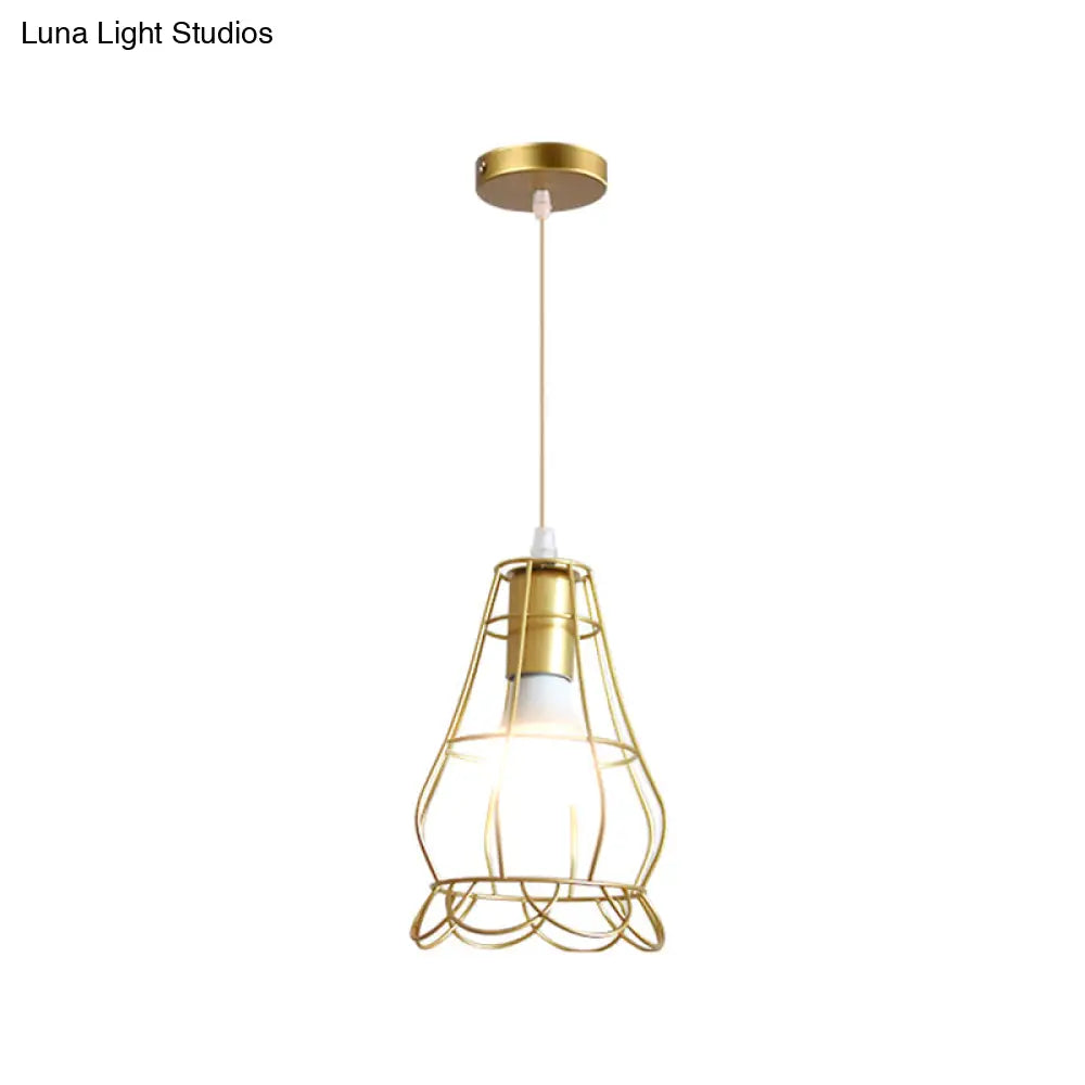 Gold Wire Cage Pendant Light - Retro Industrial Iron Hanging Lamp With Shade For Coffee Shop