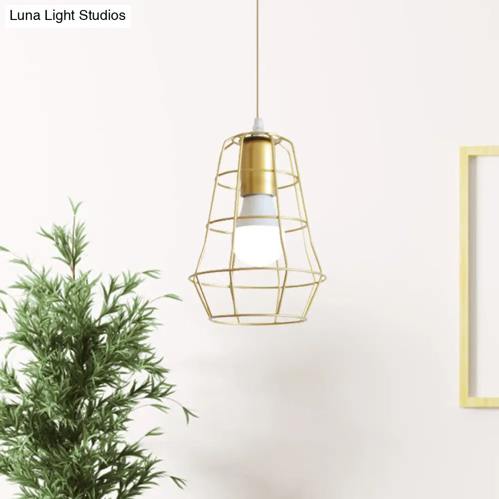 Gold Wire Cage Pendant Light - Retro Industrial Iron Hanging Lamp With Shade For Coffee Shop