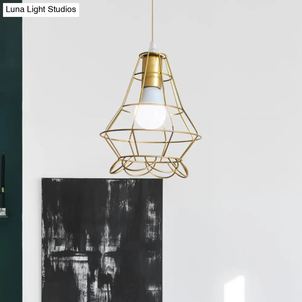 Gold Wire Cage Pendant Light - Retro Industrial Iron Hanging Lamp With Shade For Coffee Shop