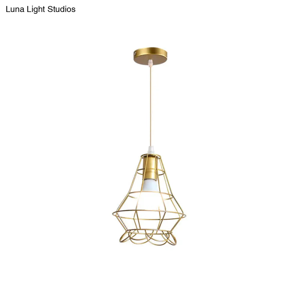 Gold Wire Cage Pendant Light - Retro Industrial Iron Hanging Lamp With Shade For Coffee Shop