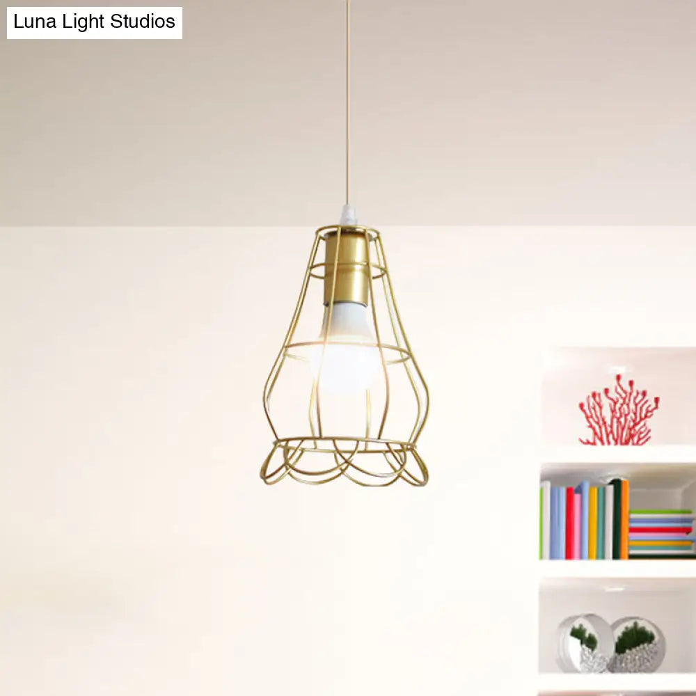 Gold Wire Cage Pendant Light - Retro Industrial Iron Hanging Lamp With Shade For Coffee Shop
