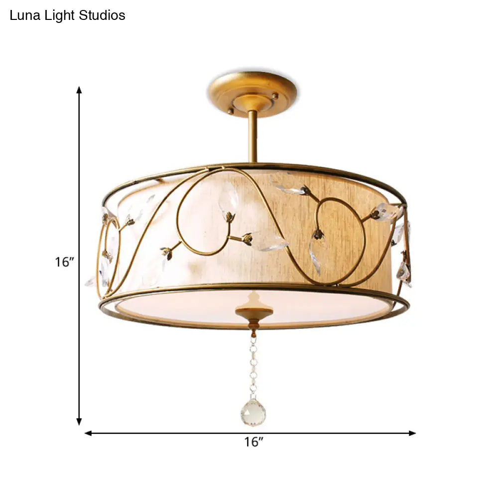Golden 3-Light Semi Flush Lamp - Traditional Metal Ceiling Light With Crystal Element 14’/16’ Dia