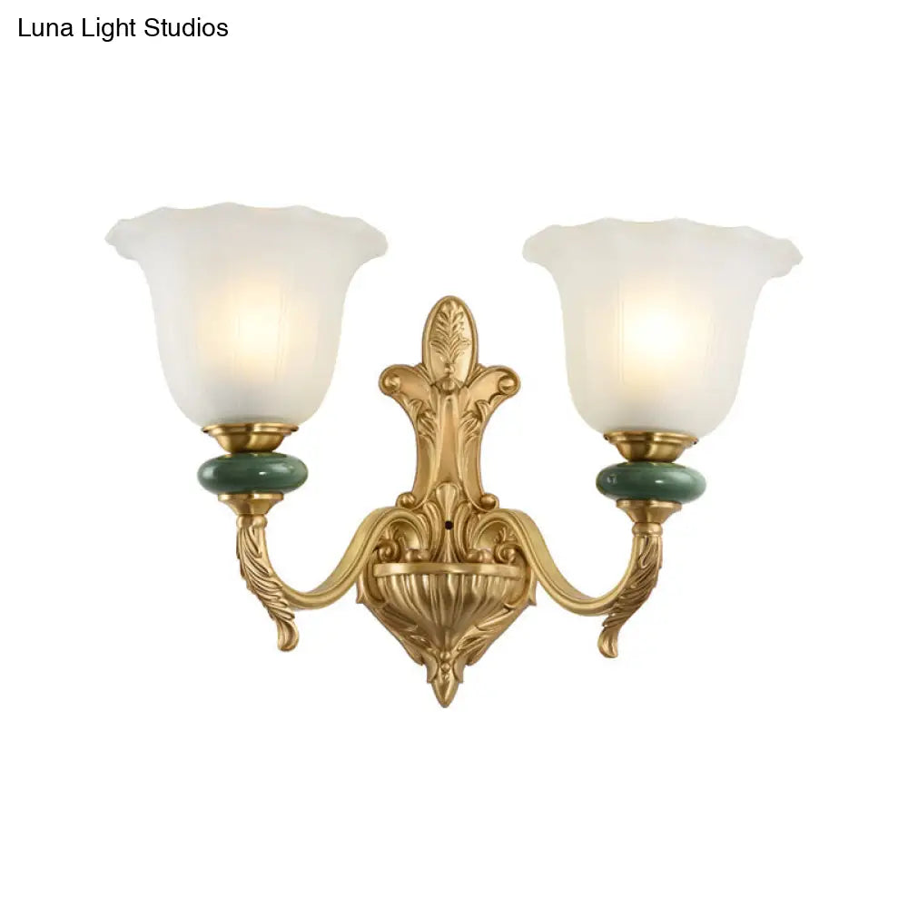 Golden Curved Arm Vintage-Style 1/2-Head Bell Wall Light Sconce With Opal Glass Perfect Bedside