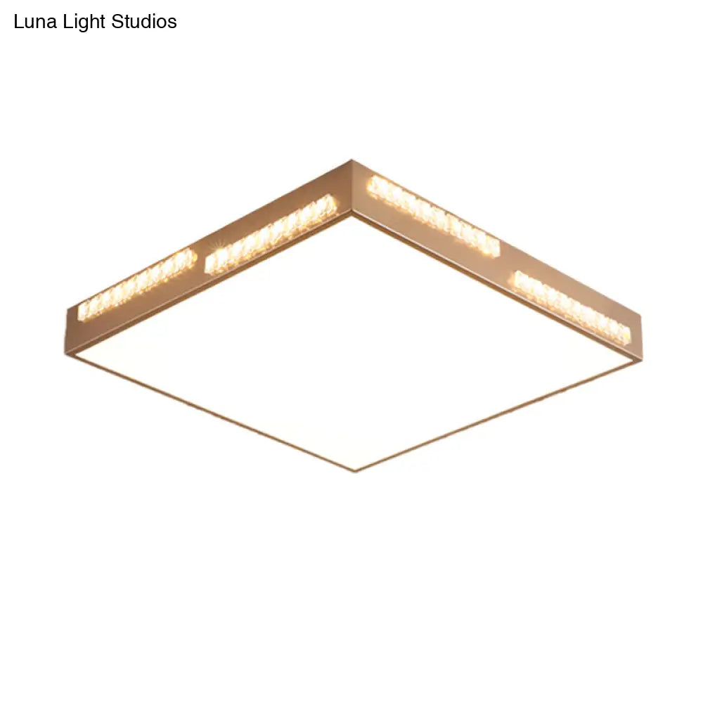 Golden Metal Led Flushmount Ceiling Lamp With Crystal Accents - Simple Square/Rectangular Design