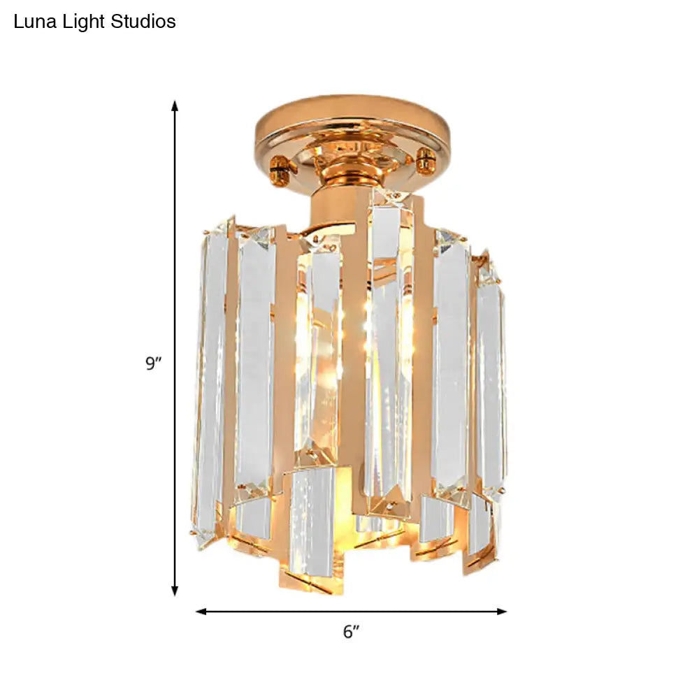 Golden Semi Flush Cylinder Ceiling Light With Crystal Block - Contemporary Gold Fixture