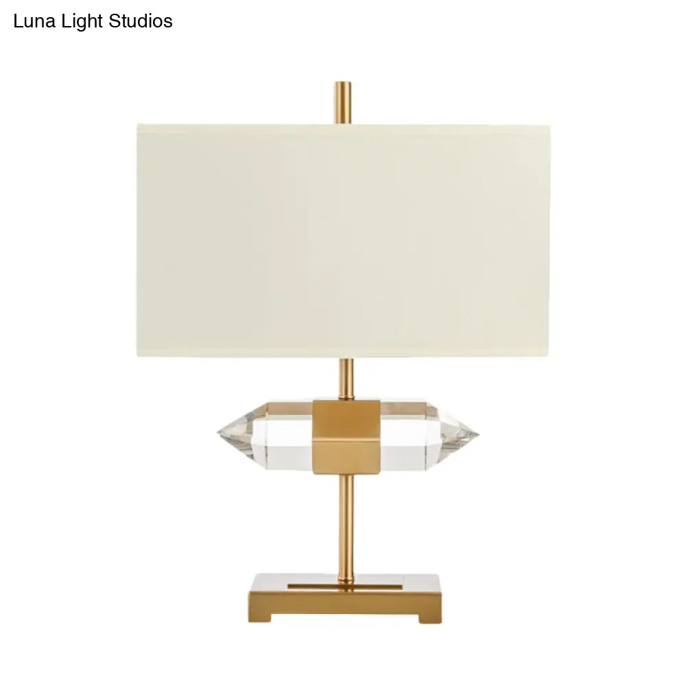 Golden Simplicity: 1-Light Table Lamp With Rectangle Fabric Shade And Crystal Prism Decor