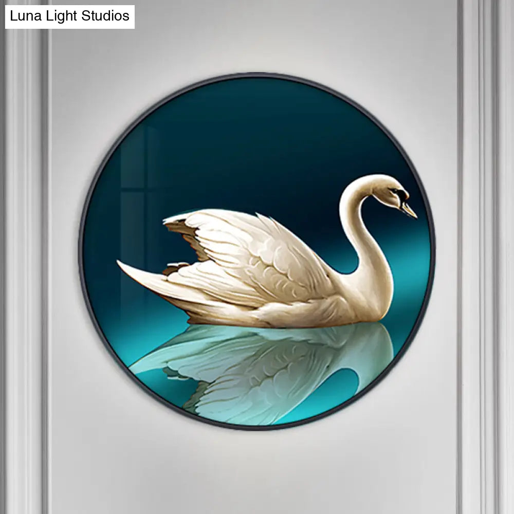 Green Led Asian Style Wall Lamp With Swan Pattern - Circle Metal Mural Lighting Ideas Left/Right