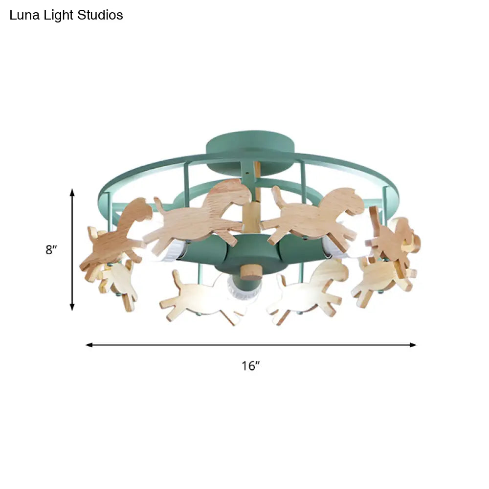 Green Macaron Merry - Go - Round Ceiling Light - Metal And Wood 3 Lights Semi Flush For Dining Room