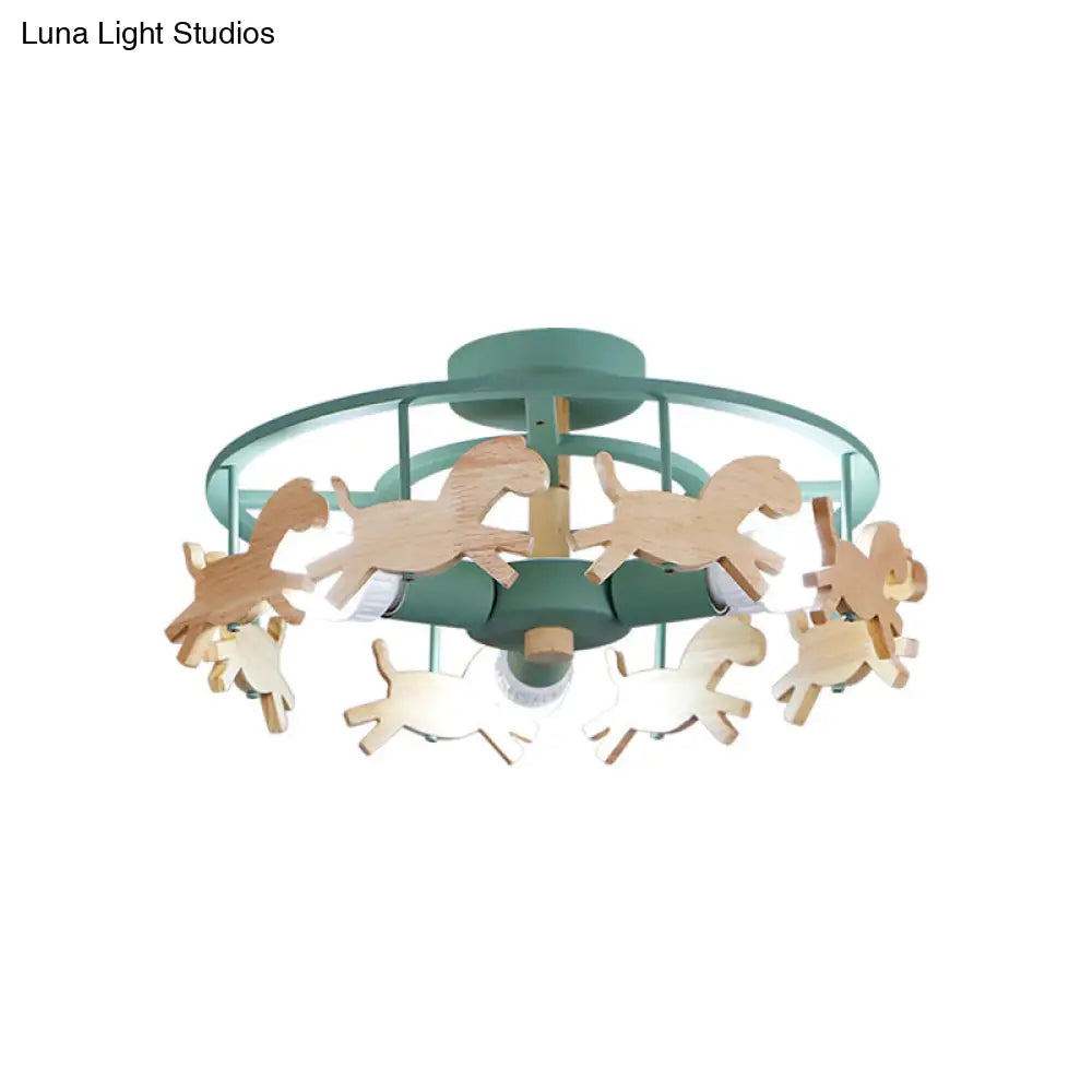 Green Macaron Merry - Go - Round Ceiling Light - Metal And Wood 3 Lights Semi Flush For Dining Room