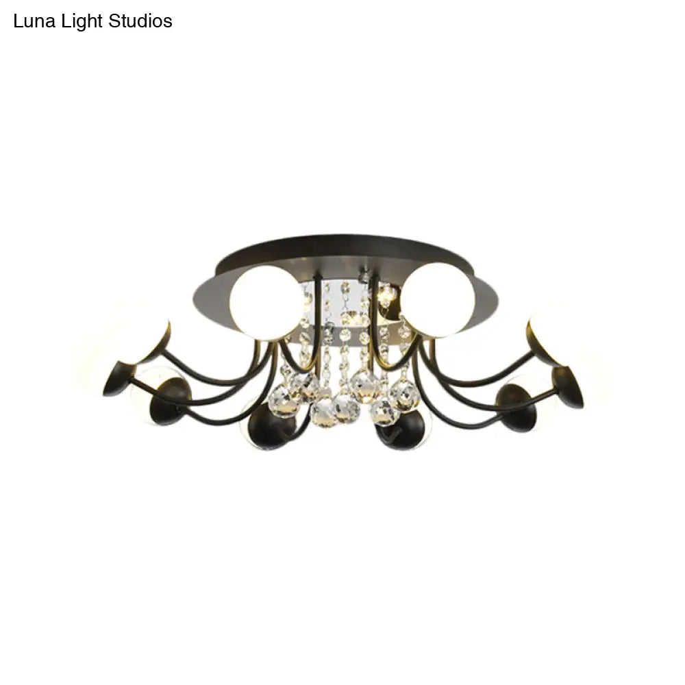 Hand-Cut Crystal Sphere Ceiling Light With Modern Design: 10/12-Head Black/White Mounting For