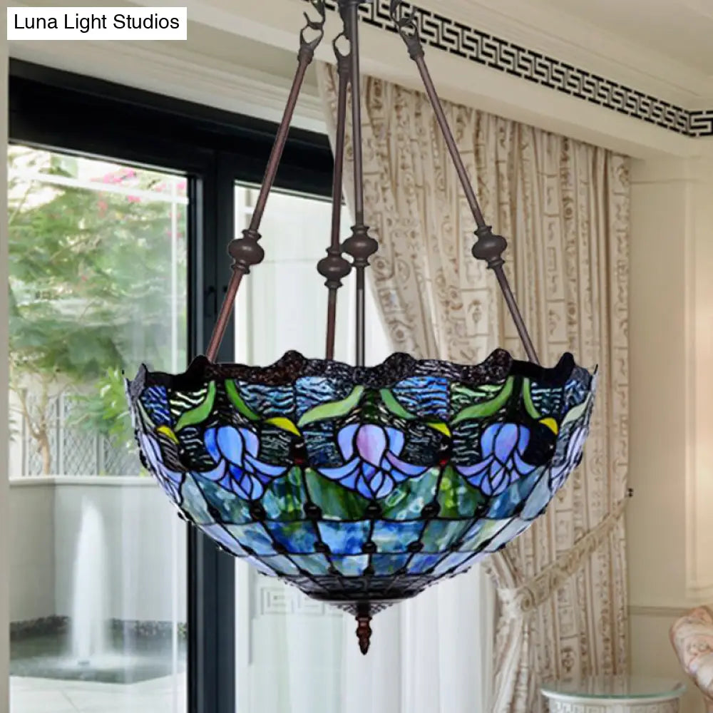 Hand-Cut Glass Pendant Flower Chandelier Light Fixture - Mediterranean Style 2 Lights Red/Blue