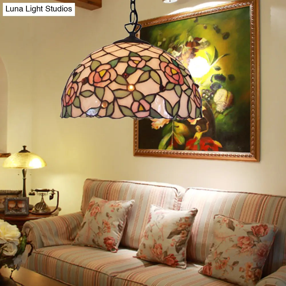 Hand Cut Pink Glass Tiffany-Style Pendant Light With Flower Pattern - Domed Suspension Design