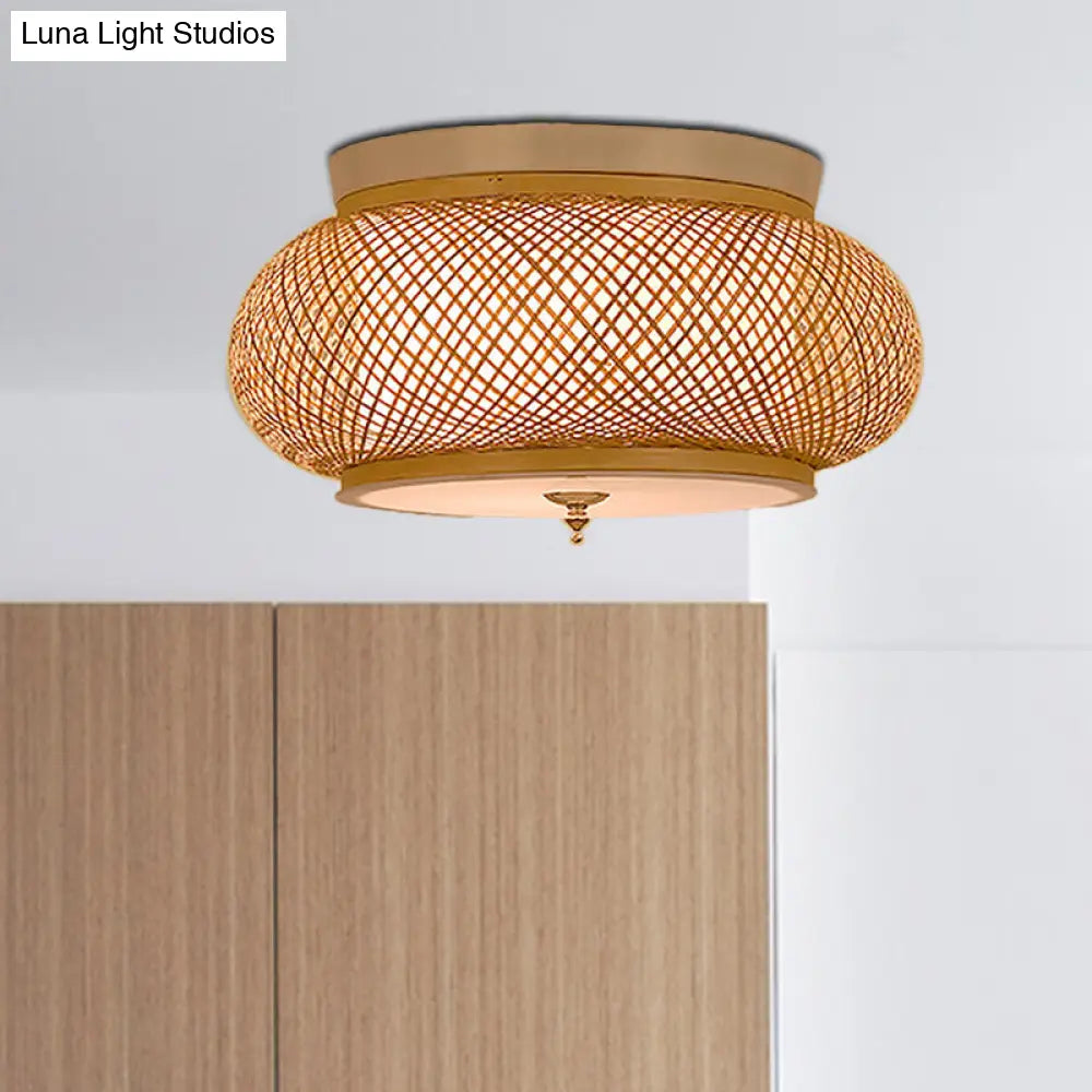 Hand - Knitted Lantern Design Asian Style Bamboo Pendant Light - 3 - Light Yellow Ceiling Fixture