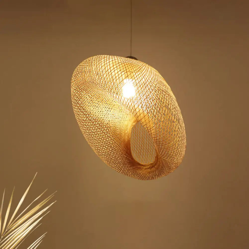 Handmade Wood Pendant Light With Bamboo Shade - Modern 1 Bulb Hanging Lamp / B