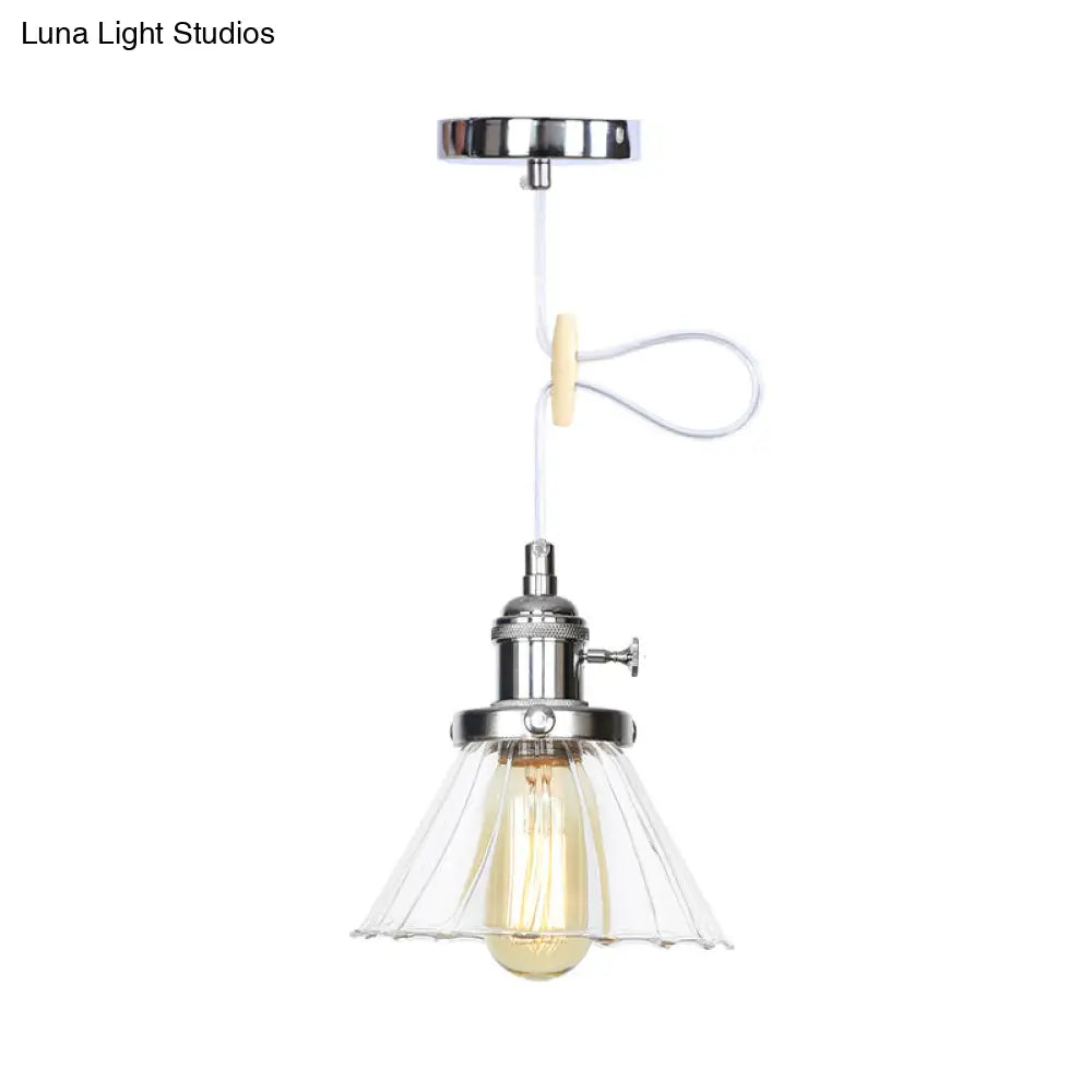 Height-Adjustable 1-Light Industrial Conic Pendant Lamp With Amber/Clear Glass For Coffee Shops -