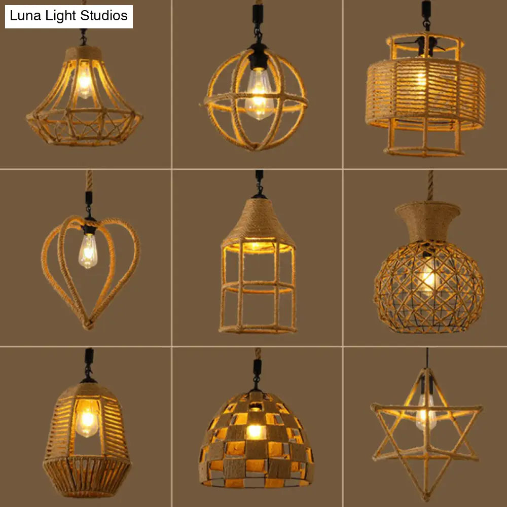 Hemp Rope Caged Pendant Light - Vintage Single-Bulb Hanging Fixture For Restaurants In Brown