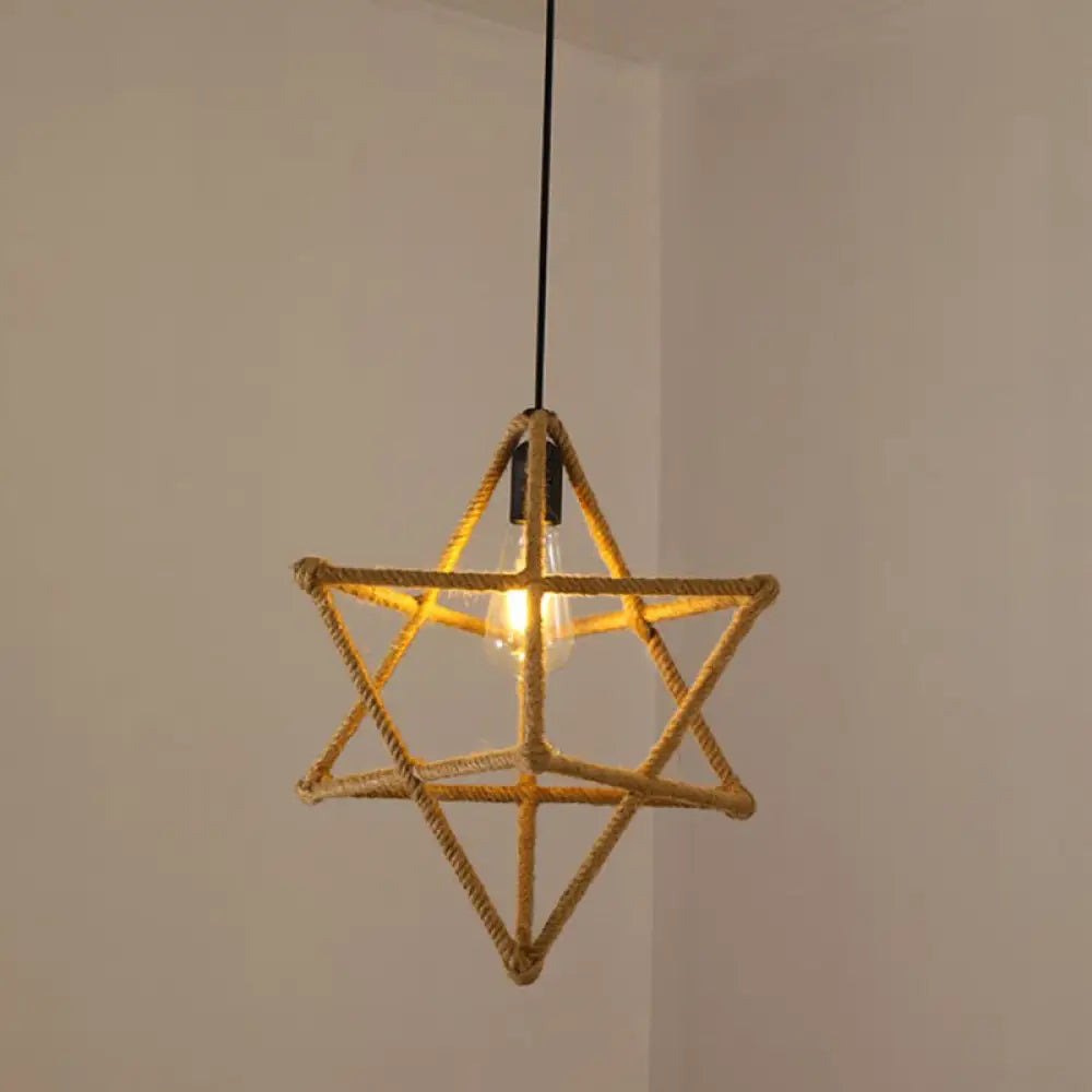 Hemp Rope Caged Pendant Light - Vintage Single-Bulb Hanging Fixture For Restaurants In Brown / G