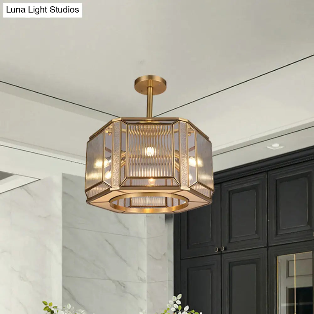 Hexagon Flush Mount Lighting With Clear Prismatic Glass - 6-Head Colonial Gold Finish