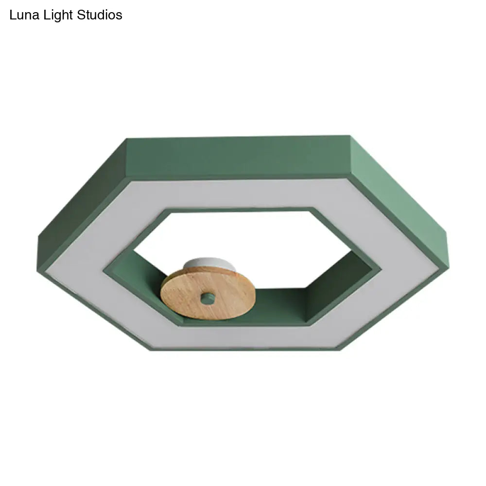 Hexagon Frame Metallic Led Macaron Flush Mount Ceiling Lighting In Green/Grey/Black And Wood For