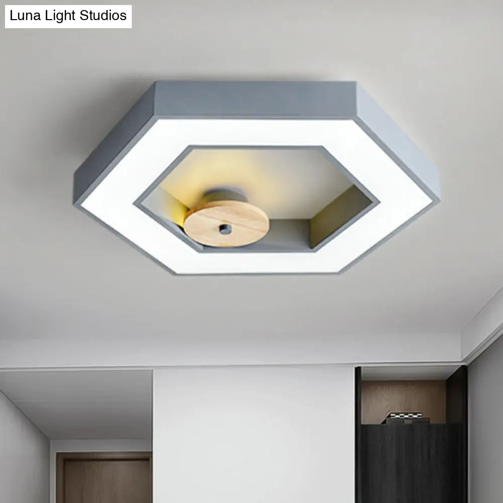 Hexagon Frame Metallic Led Macaron Flush Mount Ceiling Lighting In Green/Grey/Black And Wood For
