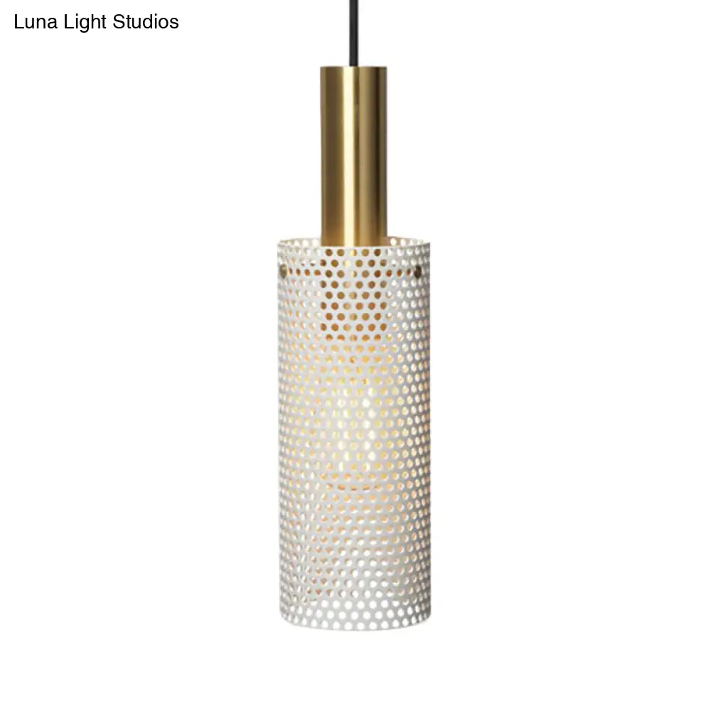 Hollow Design Cylinder Hanging Lamp - Black/White Metal Pendant With 1 Light