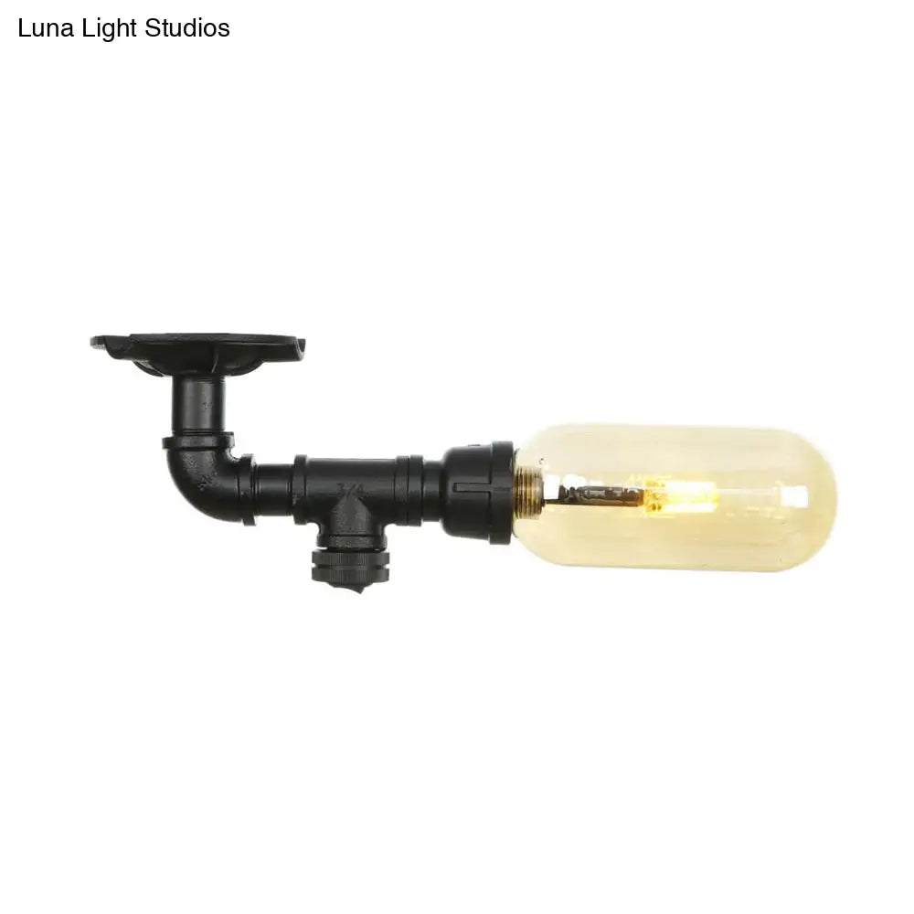 Industrial Amber Glass Semi Flush Mount Light With Pipe Design - Black Capsule Shade Indoor Ceiling