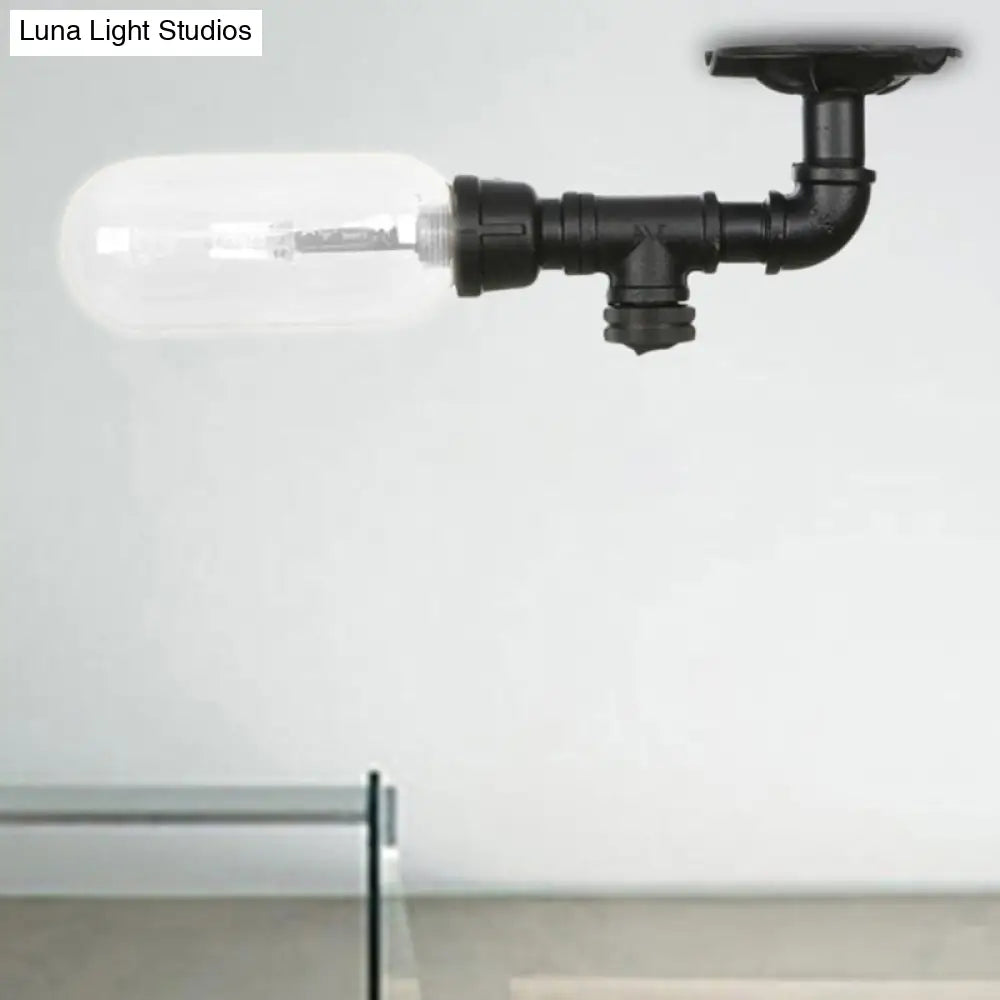 Industrial Black Ceiling Mounted Fixture - Oval Clear Glass Shade Semi Flush Mount With Pipe Design