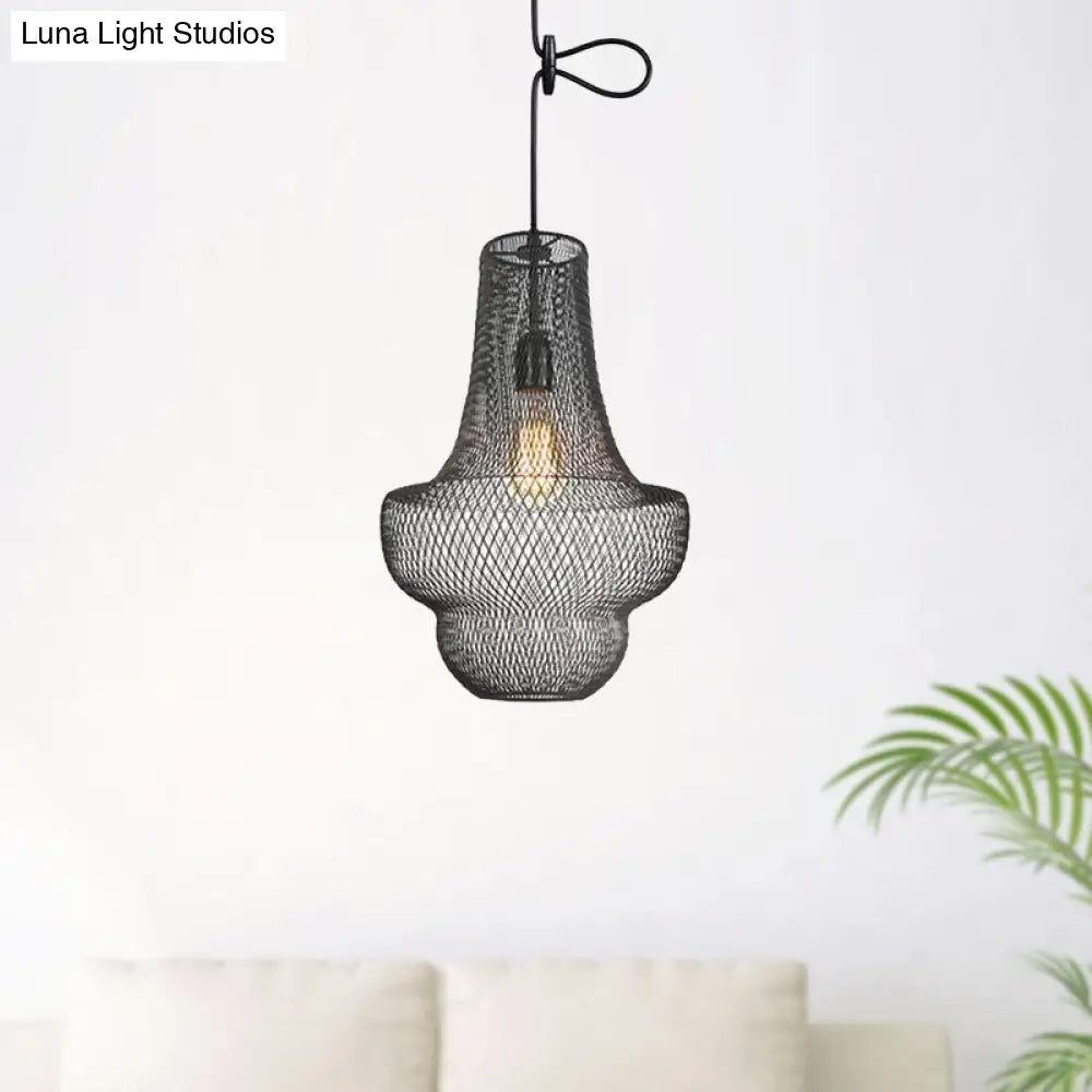 Industrial Black Mesh Cage Pendant Light - Modern Metal Hanging Lamp For Dining Room