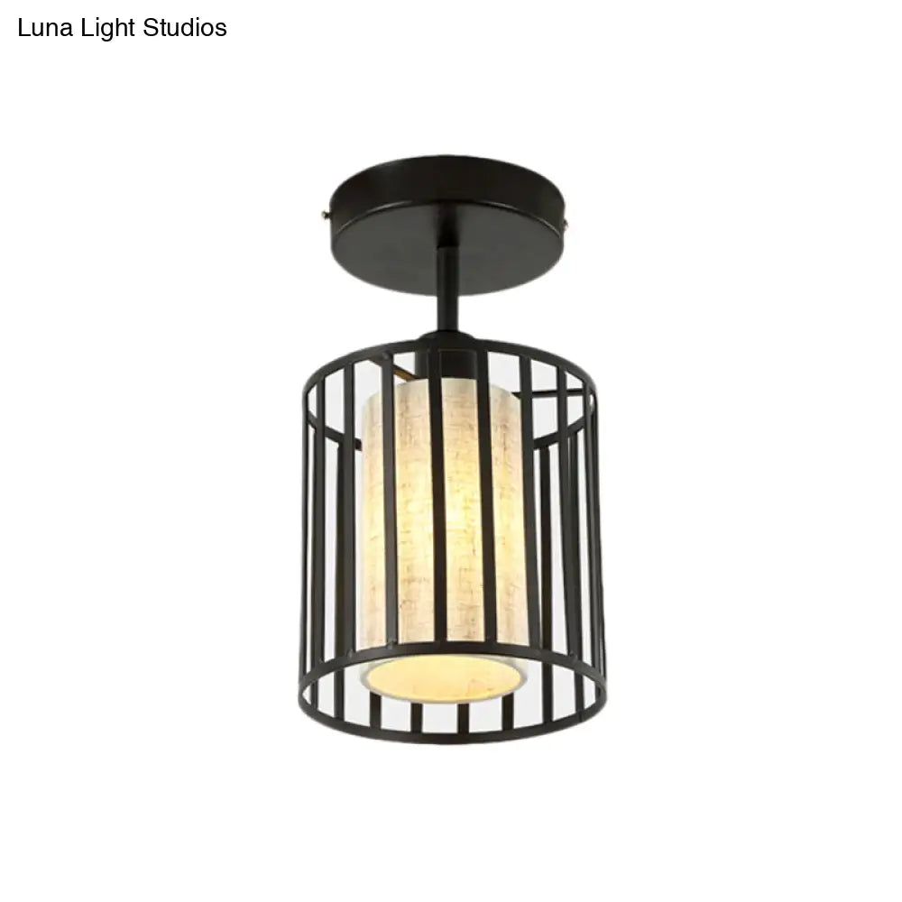Industrial Black Metal Semi Flush Light With Fabric Shade - Perfect For Hallways And Corridors