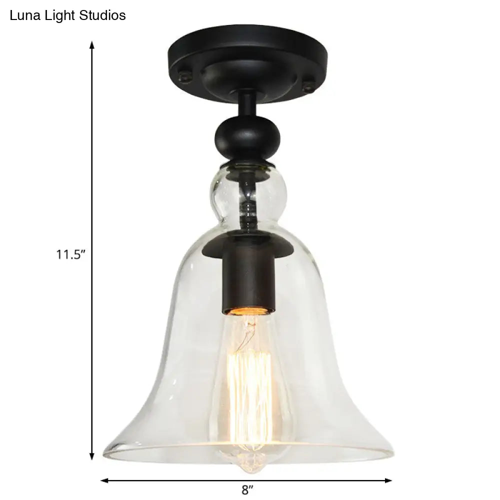 Industrial Black Semi Flush Mount Ceiling Light With Clear Glass Bell Shade For Living Room
