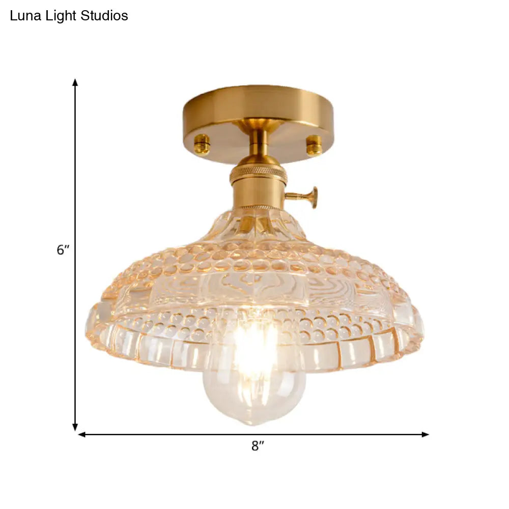 Industrial Brass Semi Flush Ceiling Light With Dome/Barn/Flower Shade - Amber/Clear Textured Glass