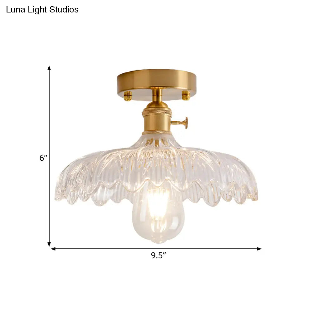 Industrial Brass Semi Flush Ceiling Light With Dome/Barn/Flower Shade - Amber/Clear Textured Glass